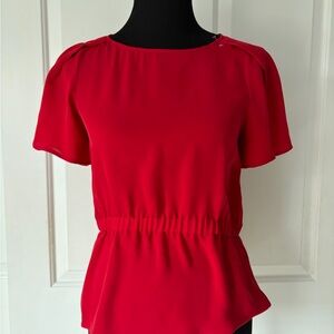 Theory Vibrant Red Short-Sleeve Silk Blouse Small